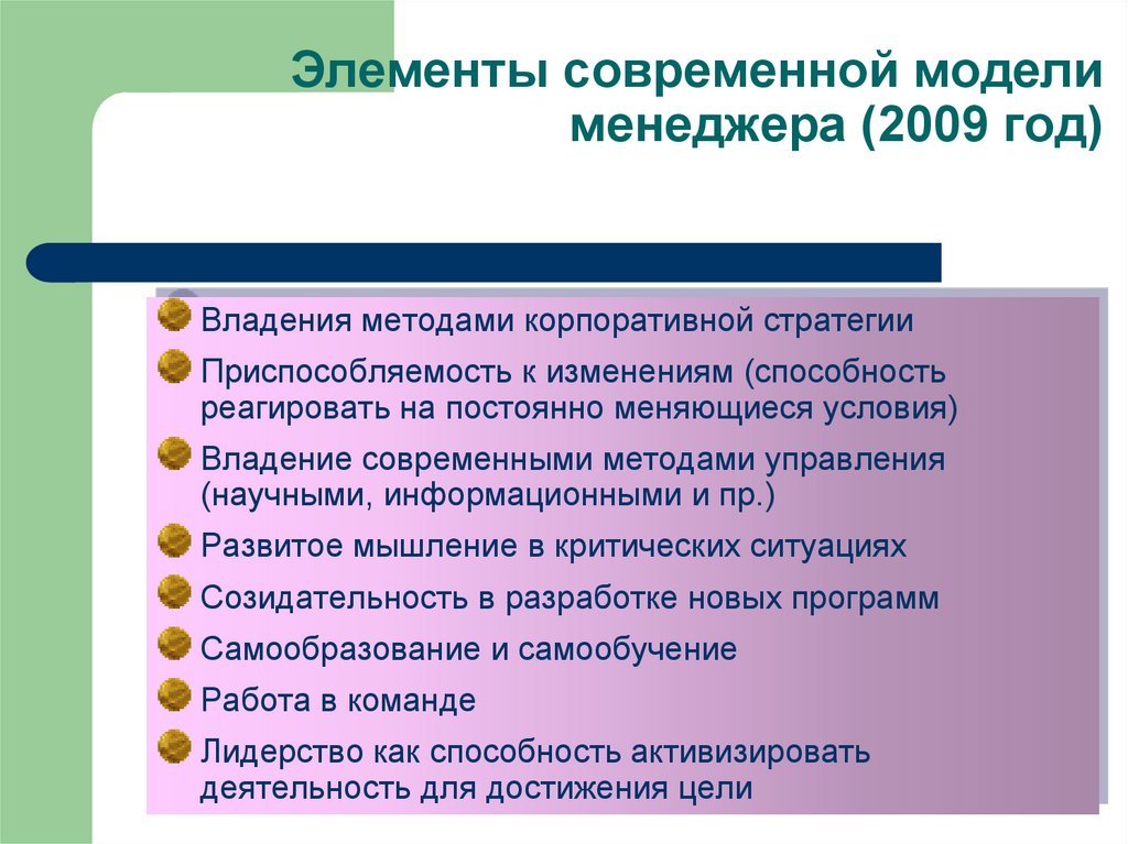 Элементы современной модели менеджера (2009 год)