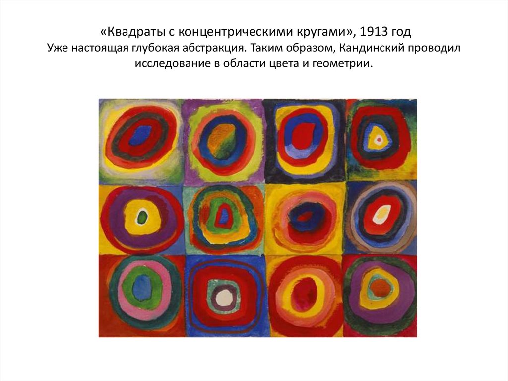  «Квадраты с концентрическими кругами», 1913 год Уже настоящая глубокая абстракция. Таким образом, Кандинский проводил