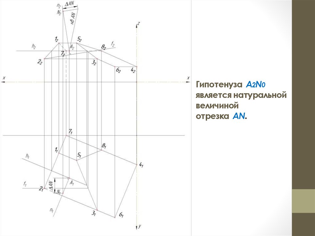 Вертикальная проекция между. Натуральная величина гипотенузы. Натуральная величина отрезка есть гипотенуза.