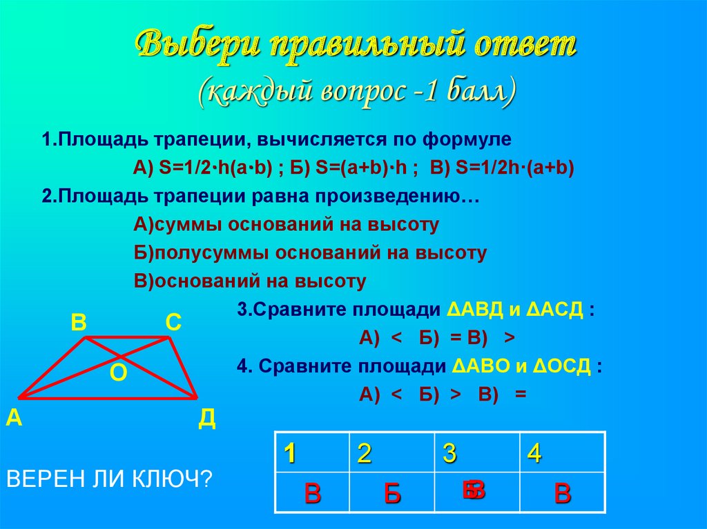 Вопрос 1 1 балл. Площадь трапеции. Площадь трапеции формула. Трапеция вычисляется по формулам. Площадь трапеции равна: * 1 балл.