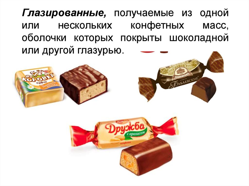 Глазированные, получаемые из одной или нескольких конфетных масс, оболочки которых покрыты шоколадной или другой глазурью.
