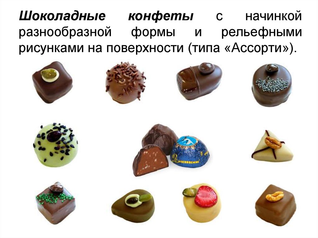 Шоколадные конфеты с начинкой разнообразной формы и рельефными рисунками на поверхности (типа «Ассорти»).