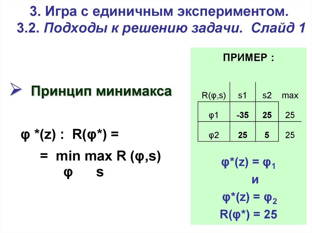 Единичный опыт. Принцип минимакса в теории игр. Теория игр статистические игры.
