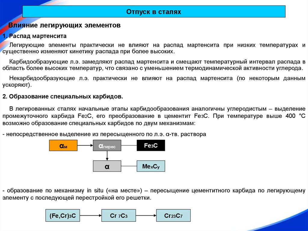 Элемент температура. Легированные стали отпуск. Распад мартенсита при отпуске. Вид отпуска для легированных сталей. Превращение мартенсита при отпуске.