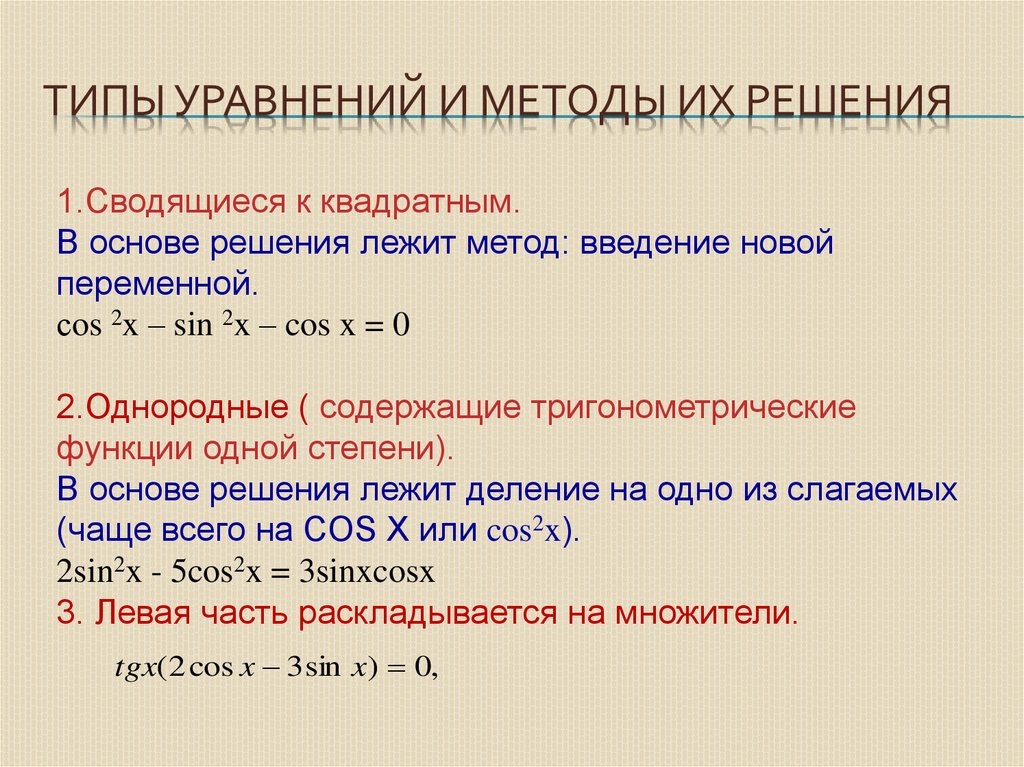 Типы уравнений. Виды уравнений и их решение. Типы уравнений и способы их решения. Уравнения всех типов.