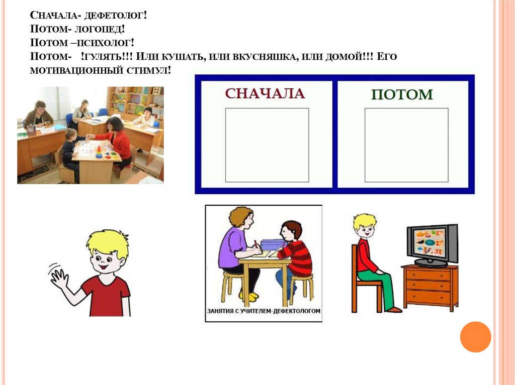 Потом гулять. Сначала потом гулять. Сначала потом логопедические. Сначала домашка в школе потом от психолога.