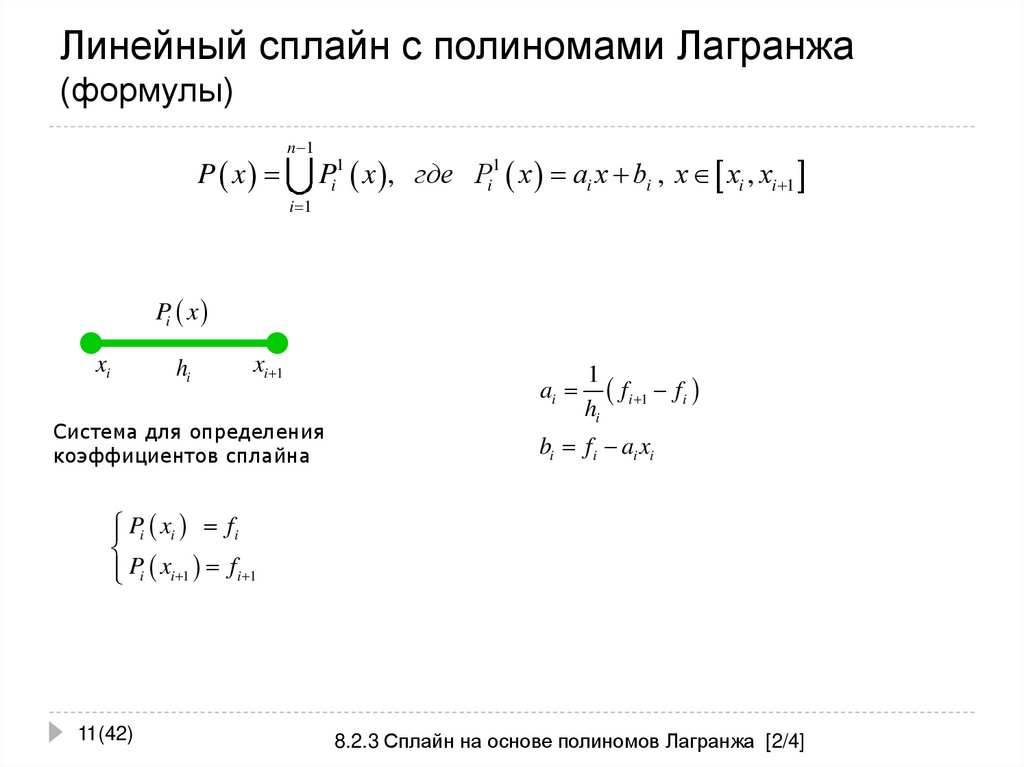Линейный сплайн с полиномами Лагранжа (формулы)