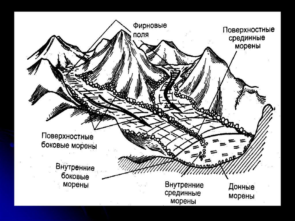 Части ледника. Схема строения горного ледника. Схема строения ледника Морена. Ледниковые отложения Морена схема. Донная Морена ледника.