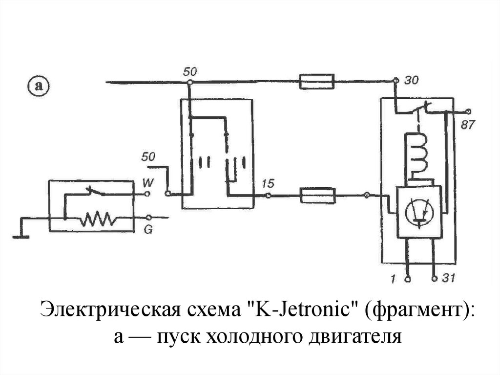 Электрическая схема "K-Jetronic" (фрагмент): а — пуск холодного двигателя
