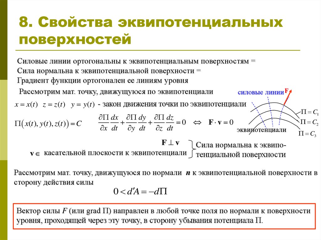 Свойства линий. Силовые линии перпендикулярны эквипотенциальным поверхностям. Свойства эквипотенциальных линий. Расположение эквипотенциальных поверхностей. Ортогональность эквипотенциальных поверхностей и силовых линий.