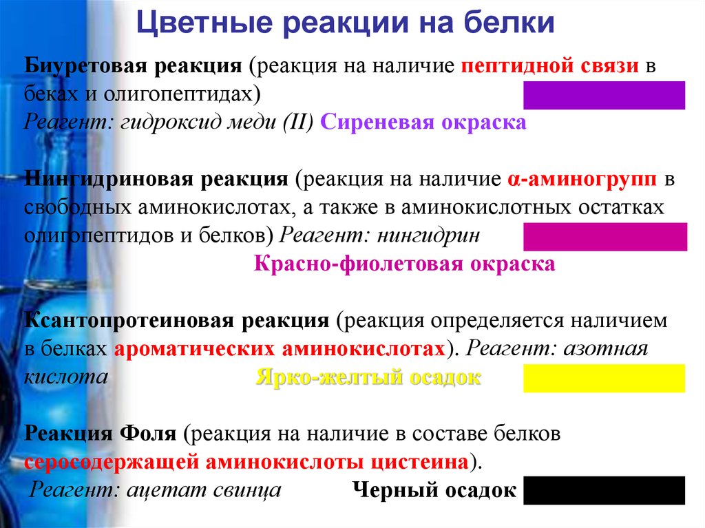 Наличие реакция. Цветные реакции на белки и аминокислоты. Качественные реакции на белки и аминокислоты. Цветные качественные реакции на аминокислоты и белки.. Качественные реакции нвбелки и аминокислоты.