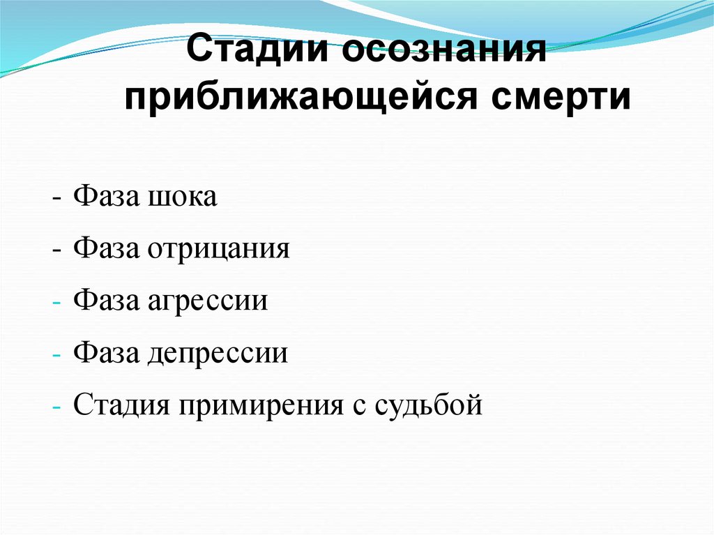 Стадии отрицания. Стадии осознания. Стадии осознания смерти. Стадии примирения. Этапы осознания.