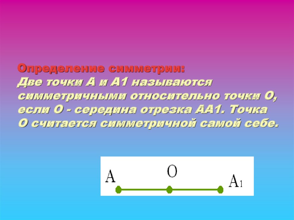 Определение симметрии:    Две точки А и А1 называются симметричными относительно точки О, если О - середина отрезка АА1. Точка