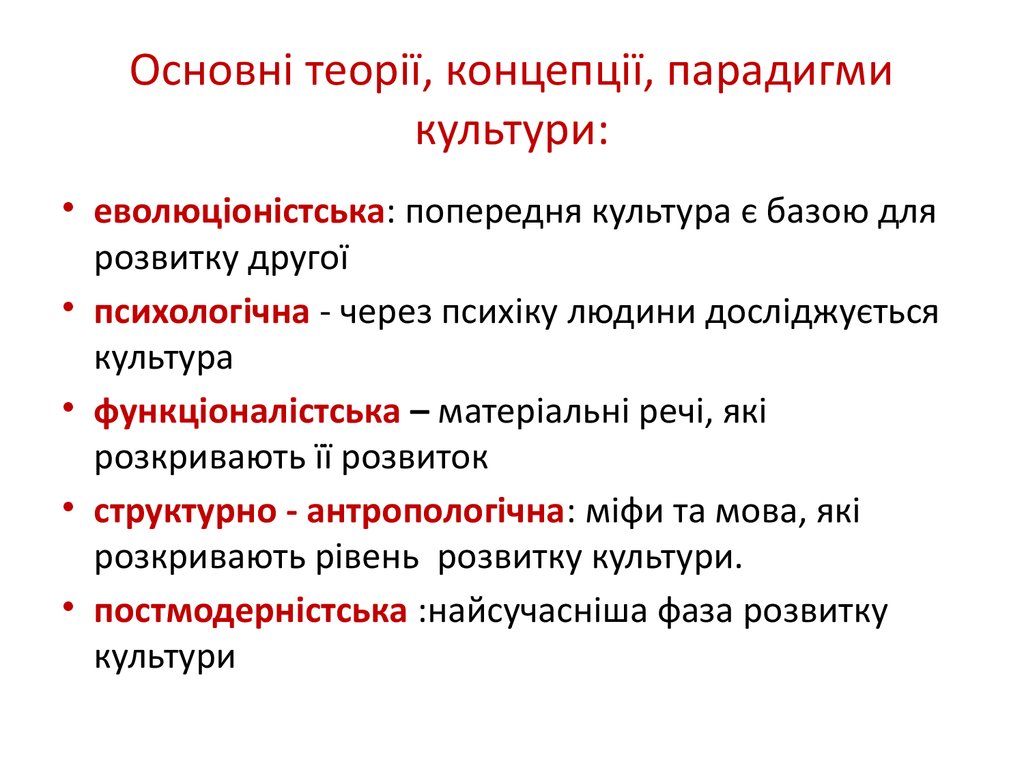 Основні теорії, концепції, парадигми культури:
