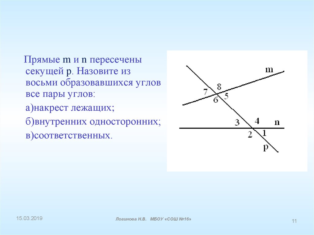 Пересечение прямых. Параллельные прямые пересечены секущей 8 углов. Внутренние односторонние накрест лежащие углы. Углы накрест лежащие при прямых и секущей. Соответственные углы.