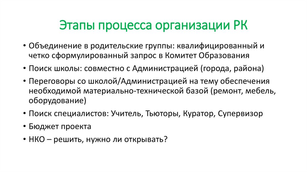 Этапы процесса организации РК