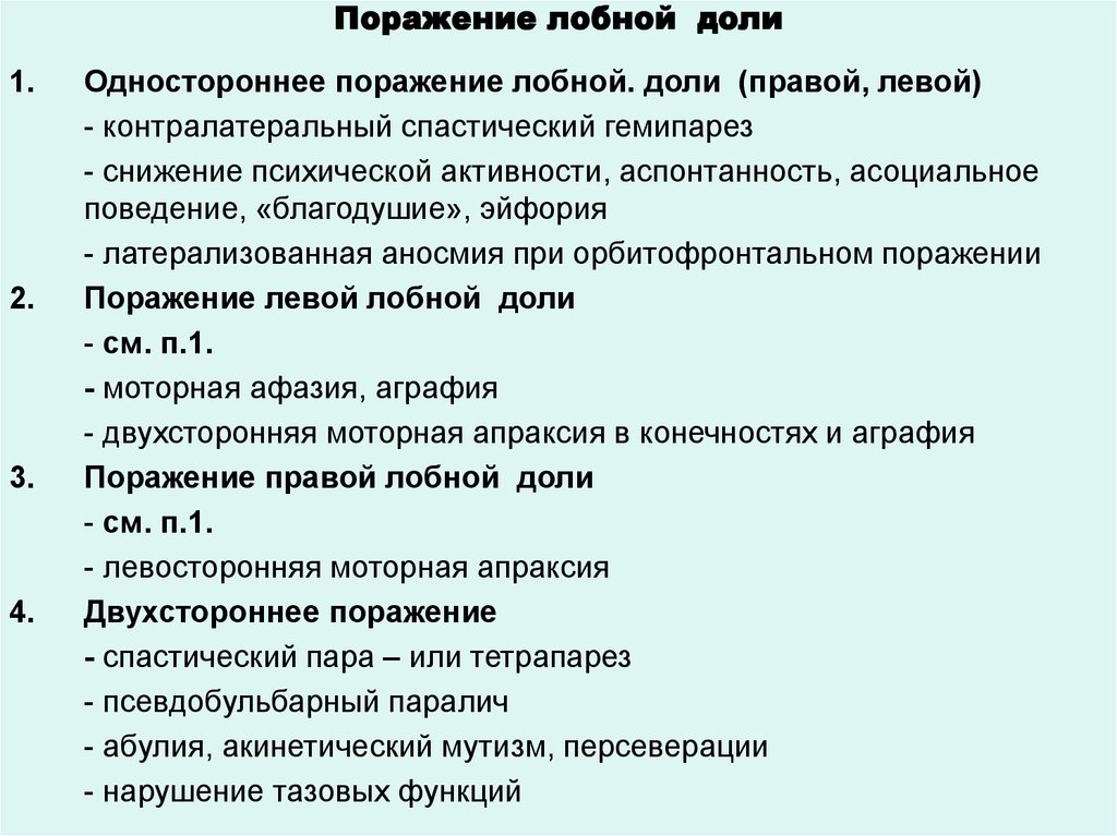 Поражение правого. Синдромы при поражении лобной доли. Синдром поражения лобной доли головного мозга. Поражение левой лобной доли симптомы. Очаговые симптомы поражения лобной доли мозга.