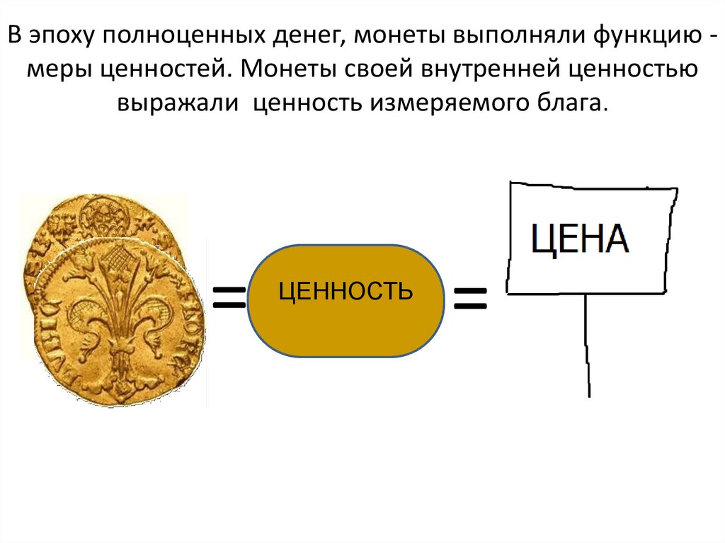 В эпоху полноценных денег, монеты выполняли функцию - меры ценностей. Монеты своей внутренней ценностью выражали ценность