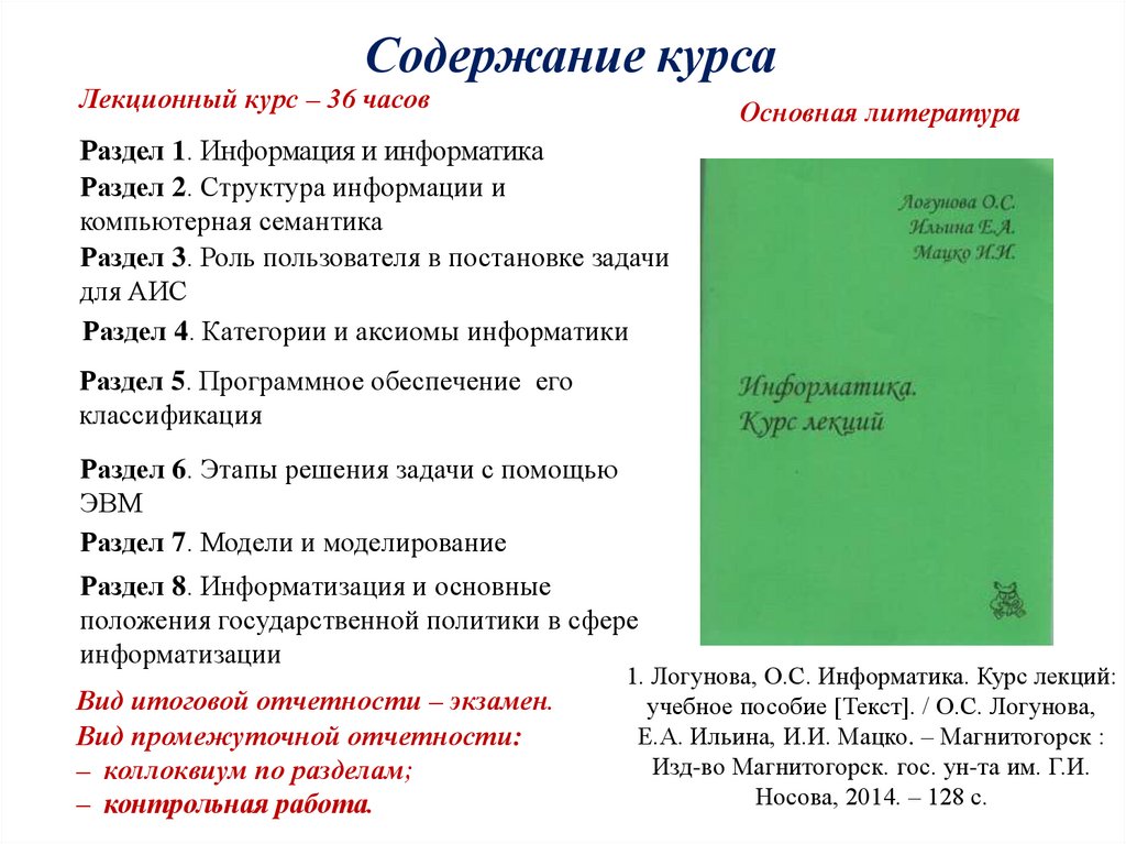 Содержание курса информатики