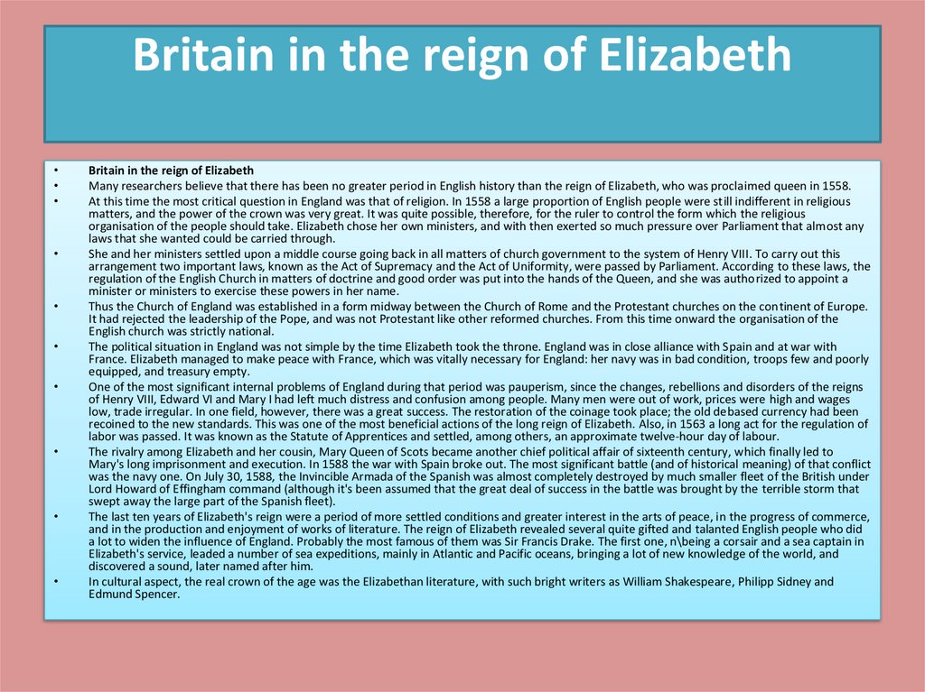 Britain in the reign of Elizabeth