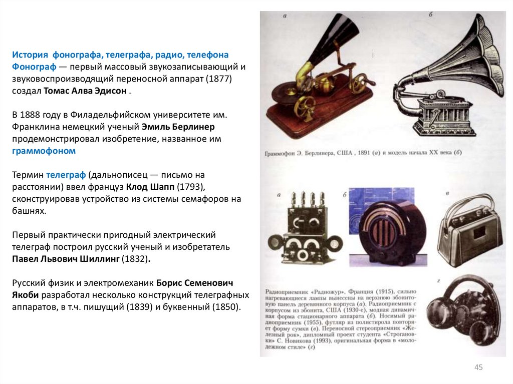 История фонографа, телеграфа, радио, телефона Фонограф — первый массовый звукозаписывающий и звуковоспроизводящий переносной