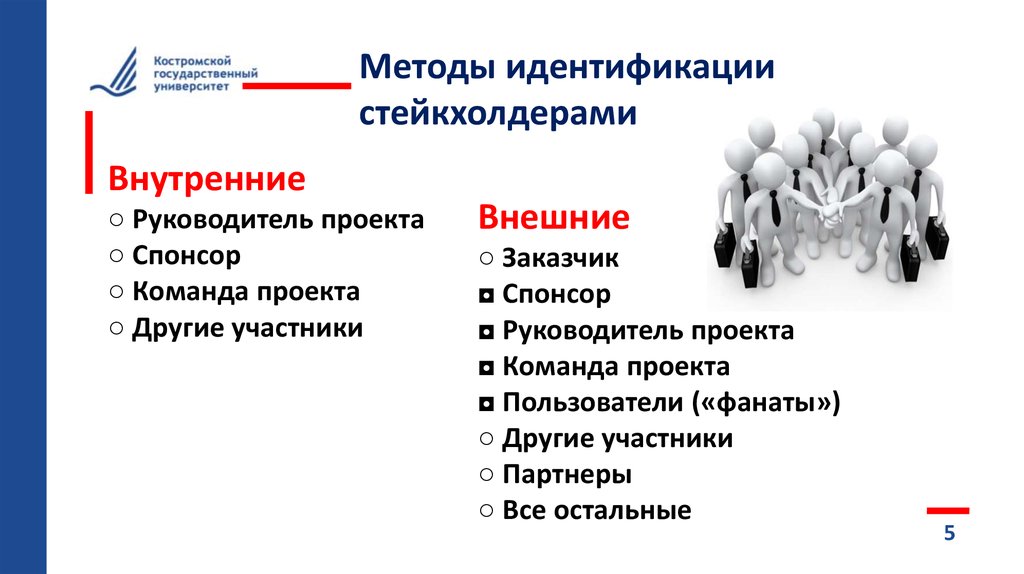 Руководитель проекта названия. Внешние участники проекта. Идентификация стейкхолдеров проекта. Спонсор проекта и руководитель проекта. Работа со стейкхолдерами проекта.