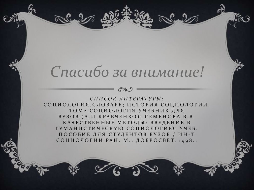 Список литературы: Социология.Словарь; История социологии. Том2;Социология.Учебник для вузов.(А.И.Кравченко); Семенова В.В.