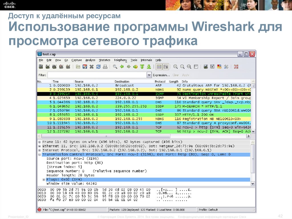 Доступ к удалённым ресурсам Использование программы Wireshark для просмотра сетевого трафика
