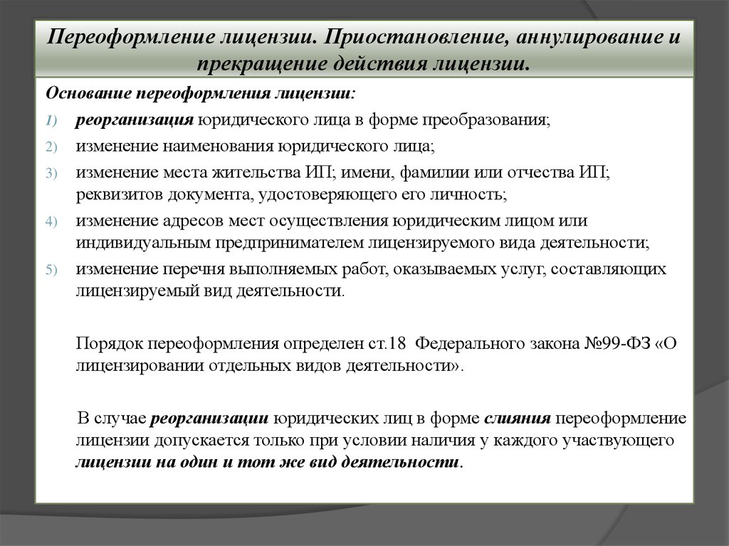 Срок прекращения действия лицензии. Лицензирование предпринимательской деятельности презентация. Основания для приостановления действия лицензии. Переоформление действия лицензии.. Аннулирование и прекращение действия лицензии.