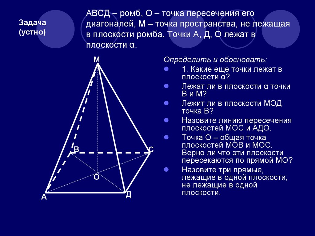 АВСД – ромб, О – точка пересечения его диагоналей, М – точка пространства, не лежащая в плоскости ромба. Точки А, Д, О лежат в