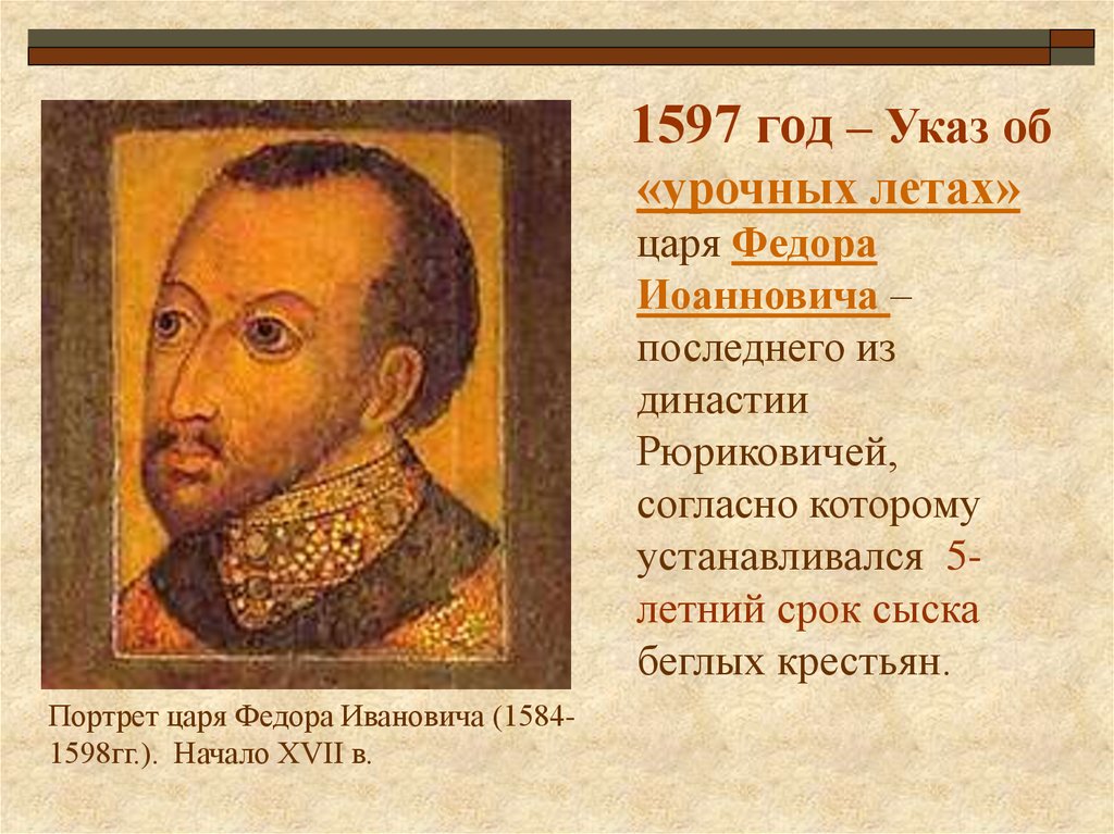 Издание указа об урочных летах участники. 1597 Г. указ Федора Ивановича.