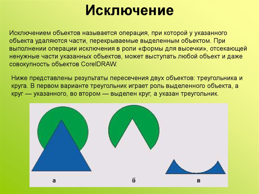 Объект исключение. Объекта на котором выполняют операции. Исключить перекрывшиеся области формы. Операция исключение в кореле. Приложение для исключения предмета.