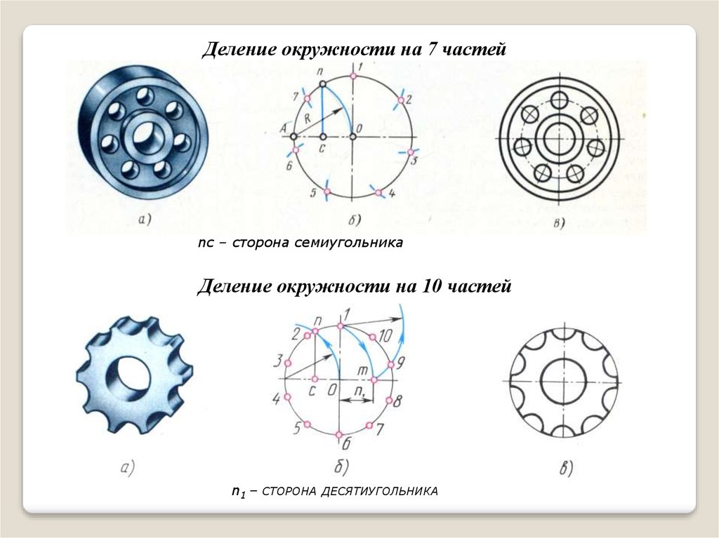 Круги делит. Деление окружности на 7 равных частей. Деление окружности Инженерная Графика. Деление окружности на равные части деталь. Задания по черчению с делением окружности на части.