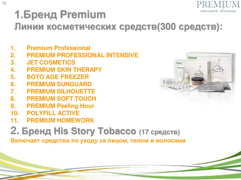 1.Бренд Premium Линии косметических средств(300 средств):