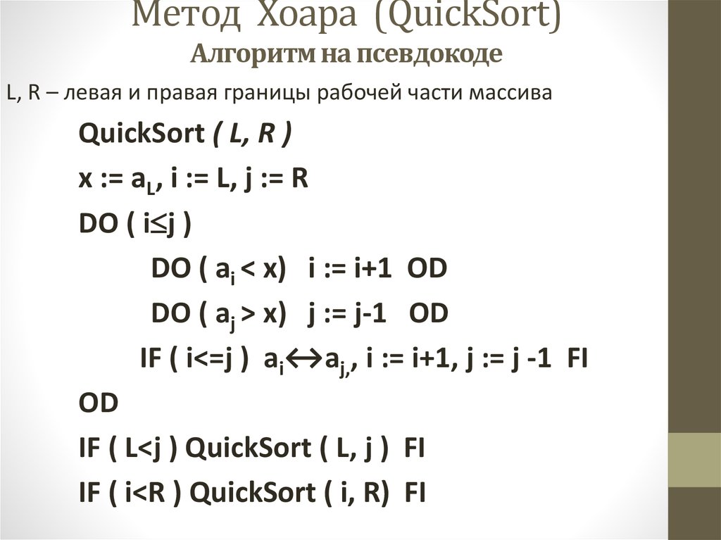 Метод Хоара (QuickSort) Алгоритм на псевдокоде