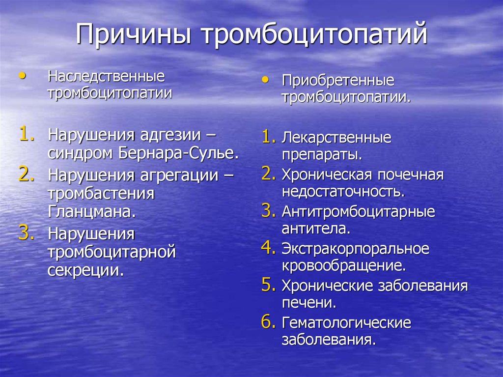 Причины приобретенного. Тромбоцитопатии причины. Причины приобретенных тромбоцитопатий. Тромбоцитопатия классификация. Тромбоцитопатия клинические рекомендации.