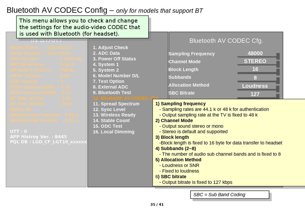Bluetooth AV CODEC Config – only for models that support BT