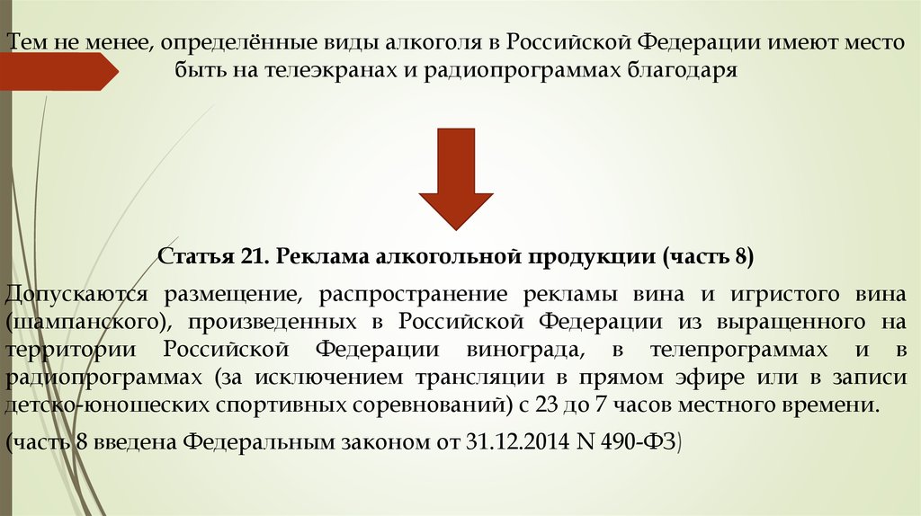 Статья 21. К рекламе алкогольной продукции требования. Не допускается реклама алкогольной продукции. Реклама алкогольной продукции может размещаться - это?. В истории Российской Федерации имели место.