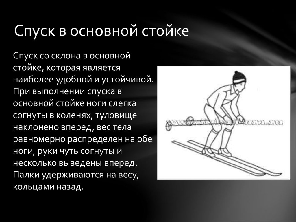 Стойка лыжника наиболее устойчива при спуске. Техника выполнения спуск «основной стойке». Техника выполнения спуска со склона в основной стойке. Спуск в основной стойке на лыжах. Стойки спусков на лыжах.