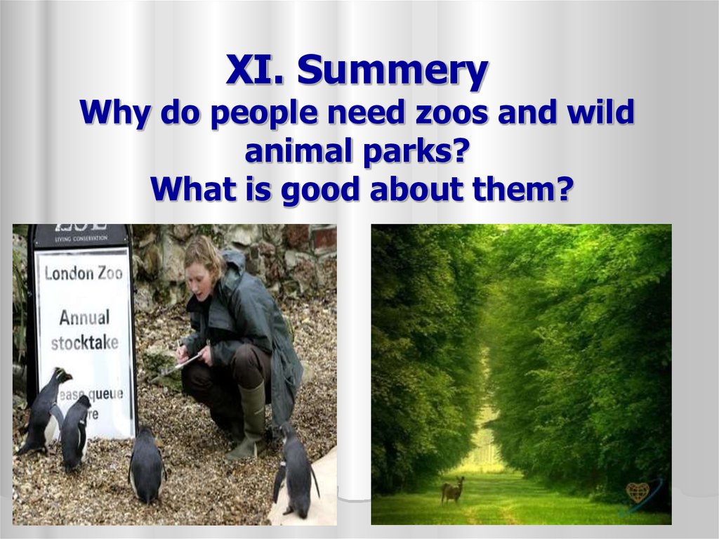 XI. Summery Why do people need zoos and wild animal parks? What is good about them?