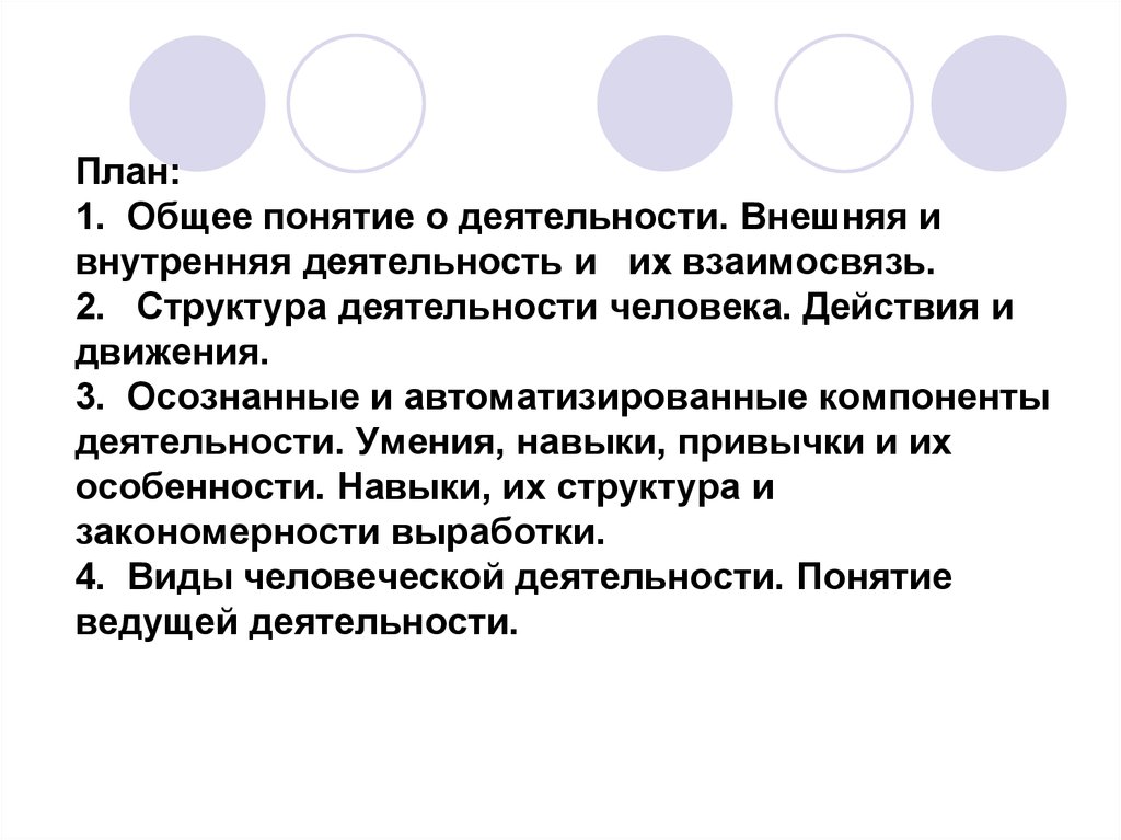 Внутренняя деятельность. Внешняя и внутренняя деятельность. Внутренняя и внешняя деятельность и их взаимосвязь. Осознанные и автоматизированные компоненты деятельности. Структура деятельности план.