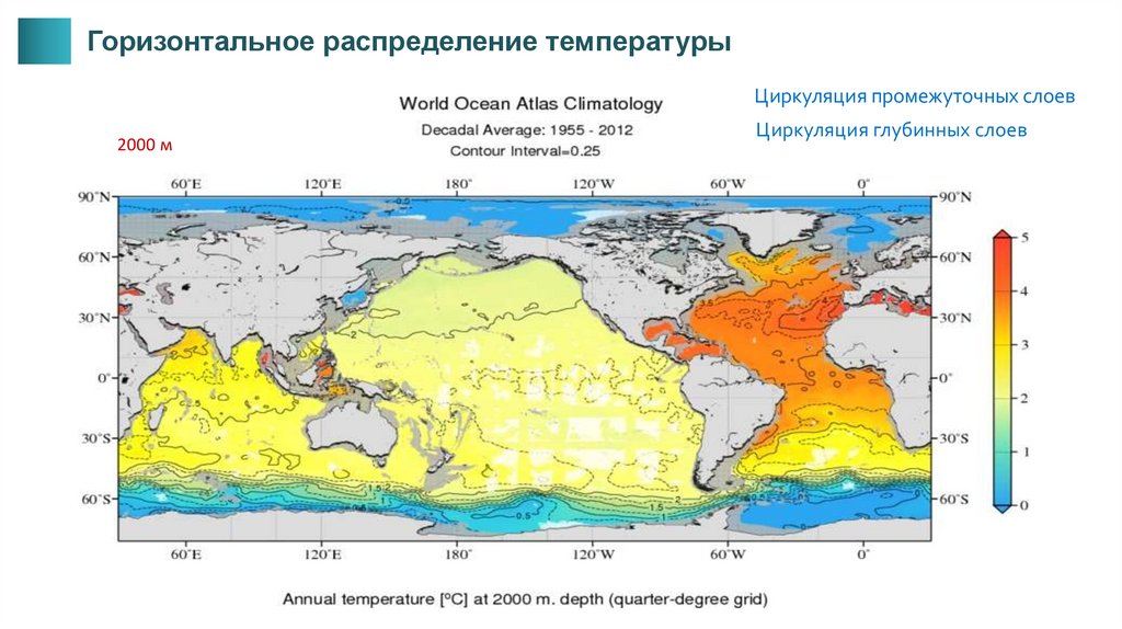 Горизонтальное распределение. Глубинная циркуляция. Вертикальное и горизонтальное распределение температуры земли. Термохалинная циркуляция. Карты горизонтального распределения температуры воды.