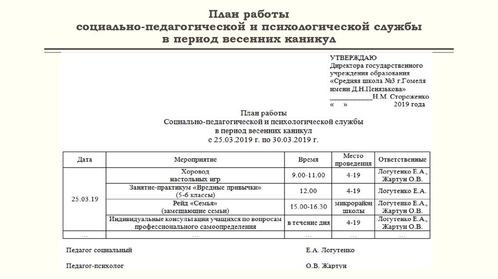 План работы учителя на каникулах