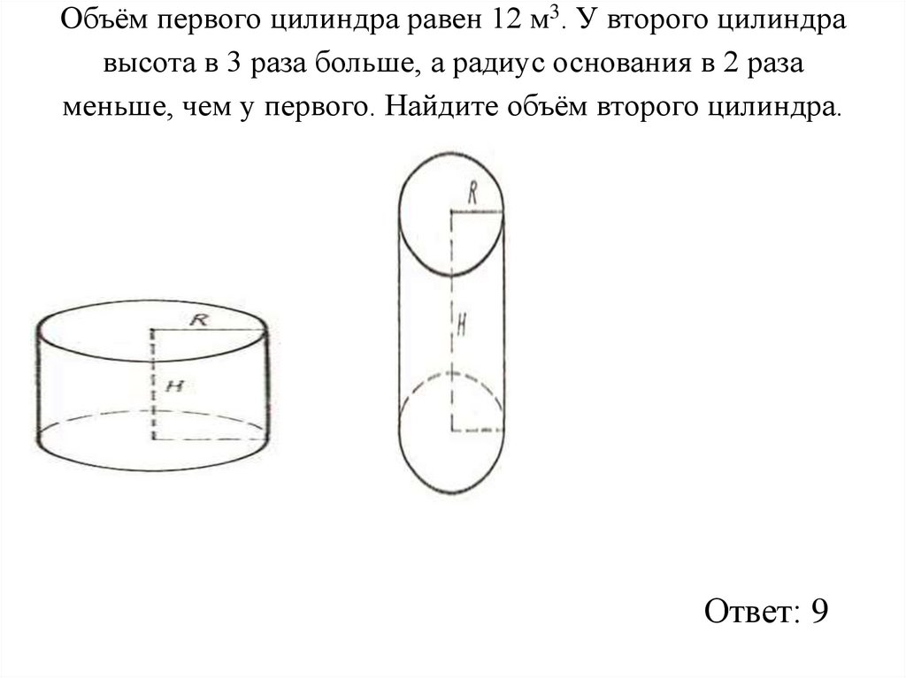 Диаметр основания цилиндра равен 12. Радиус основания цилиндра равен 2 высота равна 3. Объем цилиндра.