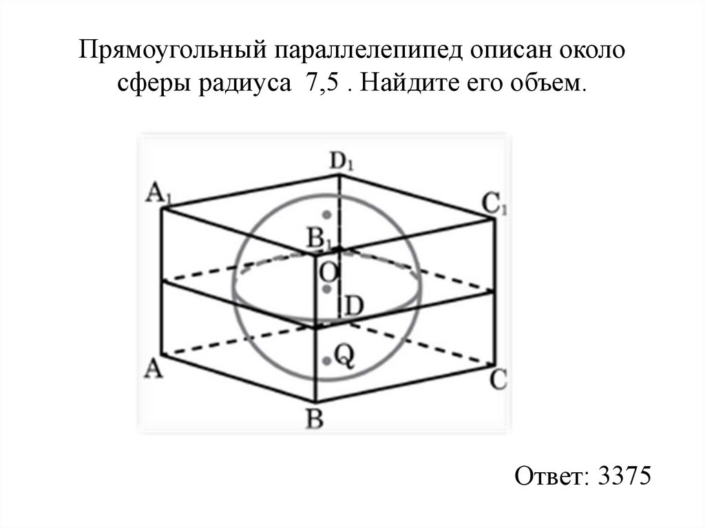 Прямоугольный параллелепипед описан около сферы радиуса 7,5 . Найдите его объем.