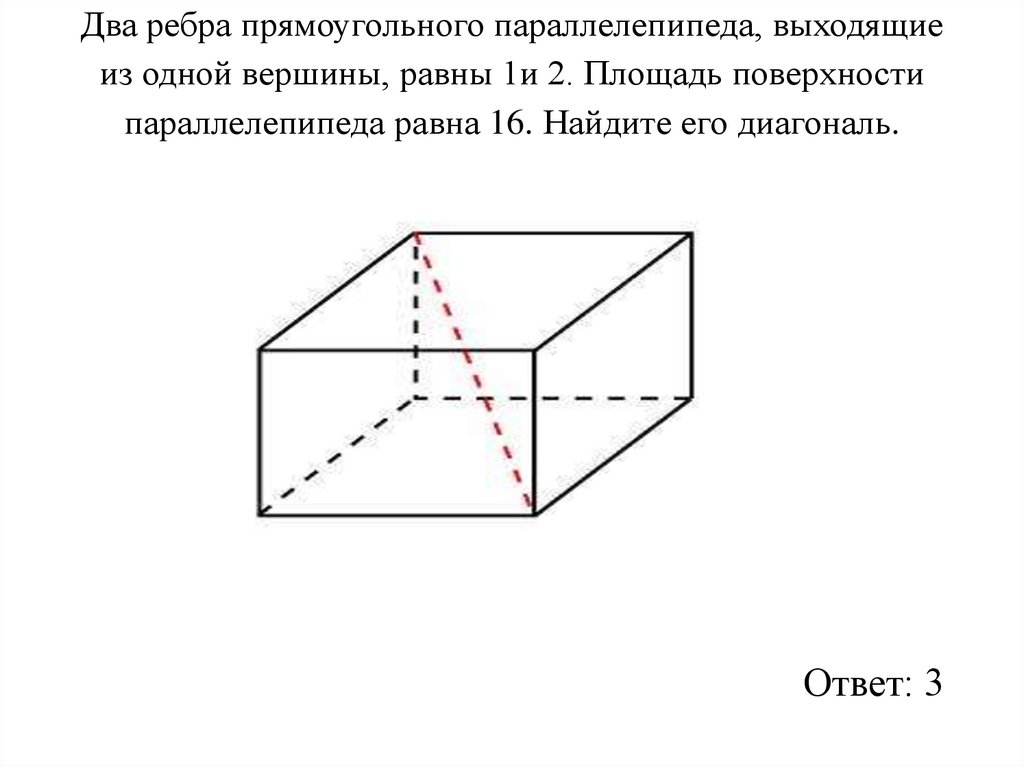 Два ребра прямоугольного параллелепипеда, выходящие из одной вершины, равны 1и 2. Площадь поверхности параллелепипеда равна 16.