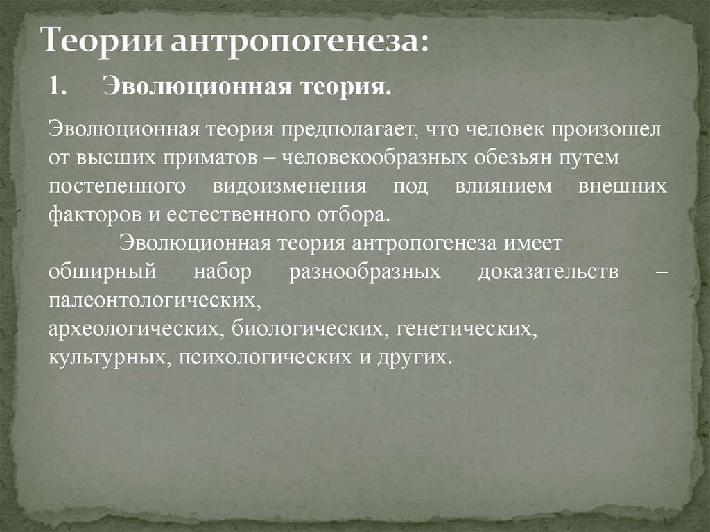 Теория предполагает. Теории антропогенеза. Современные теории антропогенеза. Эволюционная теория антропогенеза. Тетеории антропогенеза.