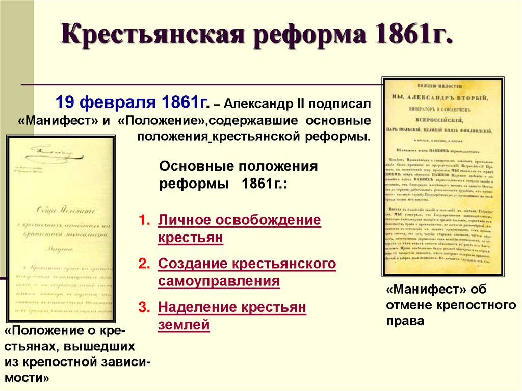 Укажите результат реформы 19 февраля 1861. Манифест крестьянской реформы 1861.