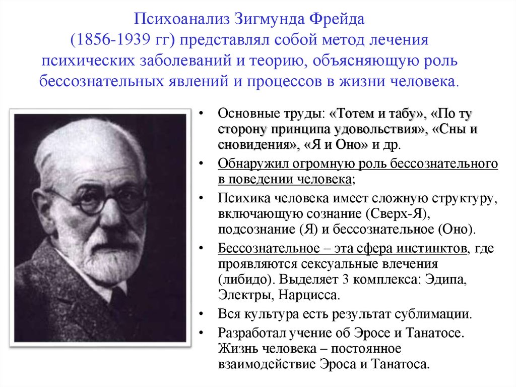 Психоанализ Зигмунда Фрейда (1856-1939 гг) представлял собой метод лечения психических заболеваний и теорию, объясняющую роль