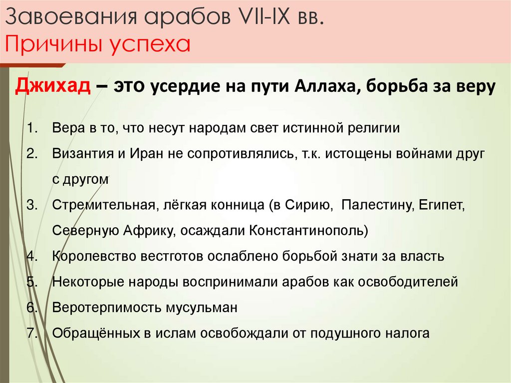 Объясните причины успехов арабов